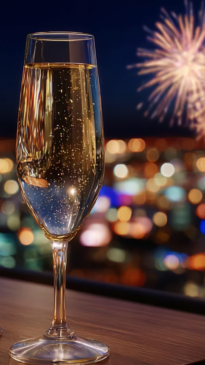 Un calice scintillante di champagne in una notte di festa, circondato da fuochi d'artificio colorati che illuminano il cielo, catturando un momento di celebrazione e gioia sullo sfondo di un vivace paesaggio urbano