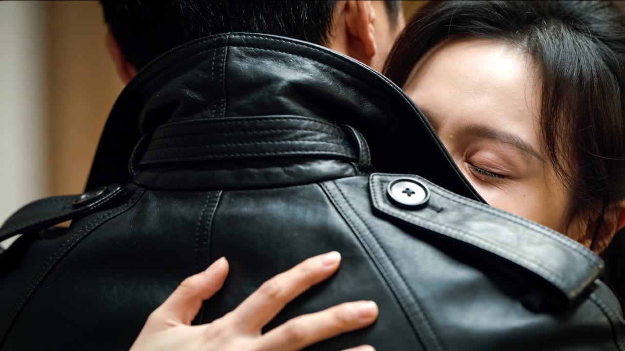 Hugging couple pressing cheek to shoulder in hallway, hand on black leather jacket, seeking comfort