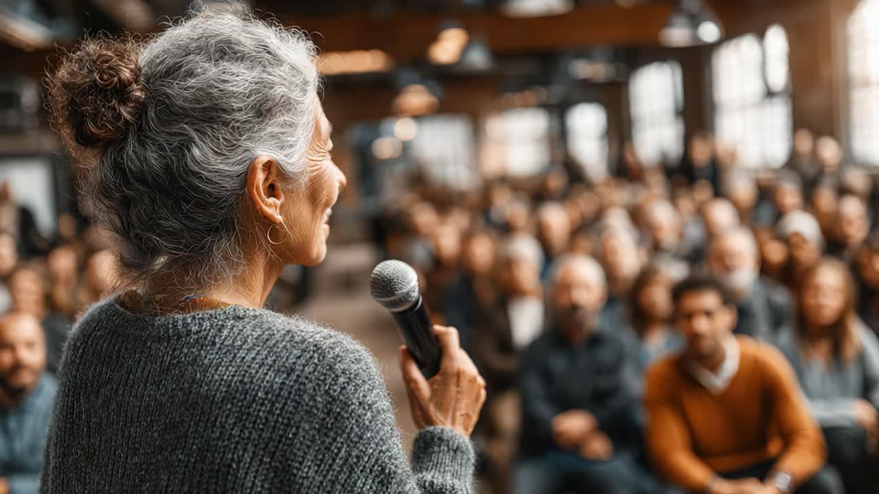 Oratore stimolante che coinvolge un pubblico incantato in un moderno contesto congressuale.
