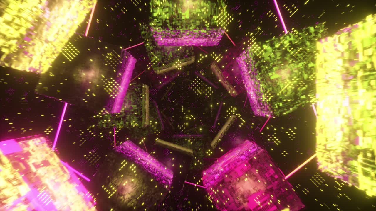 túnel cyberpunk abstracto con cubos brillantes