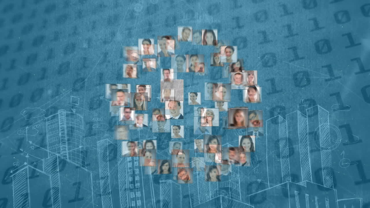 Animation of data processing and diverse business people over binary coding
