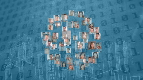 animación del procesamiento de datos y diversas personas de negocios sobre la codificación binaria