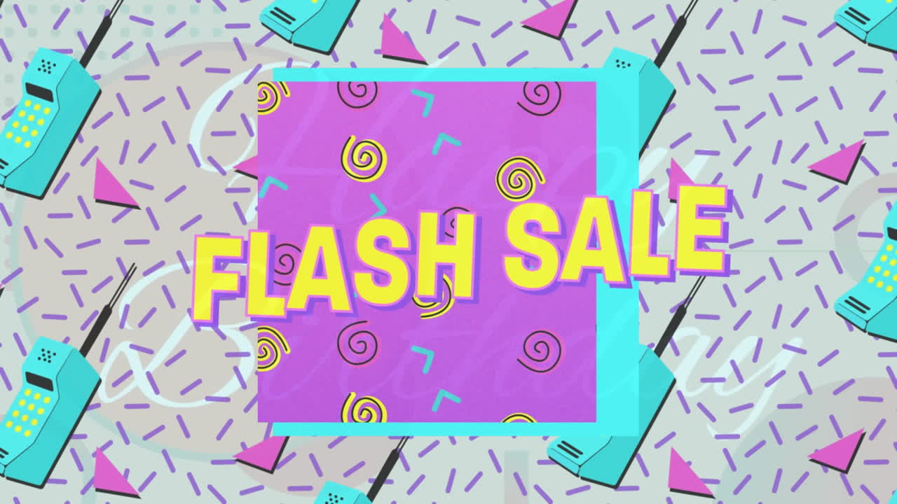 플래시 판매 텍스트 배너의 애니메이션 전화 아이콘을 통해 원활한 패턴과 추상적인 모양으로