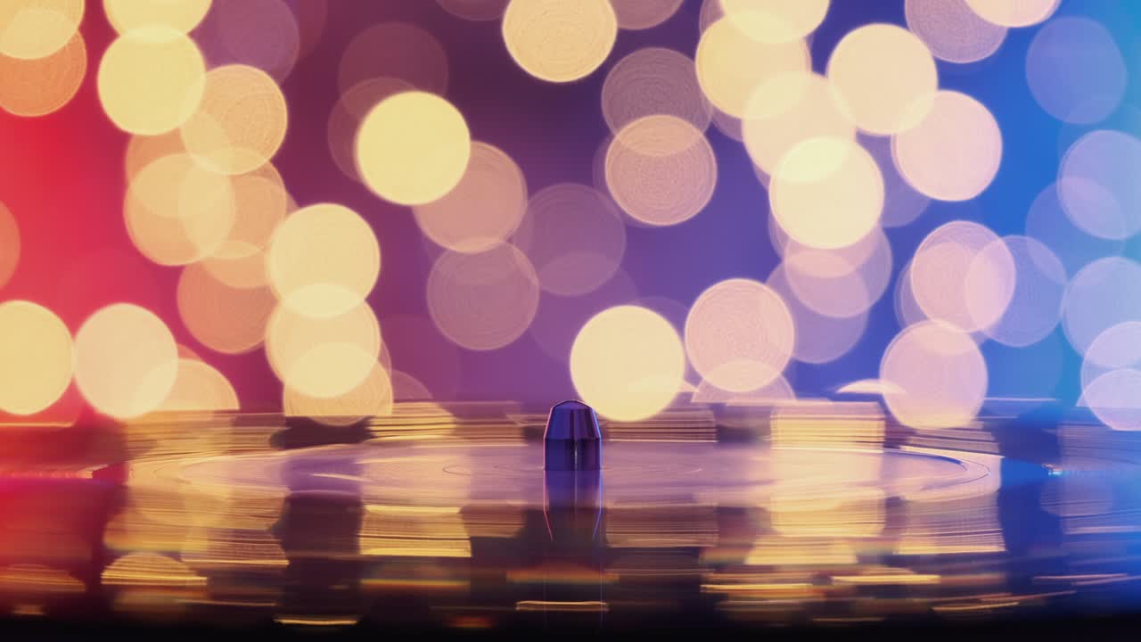 Rotating black vinyl turntable on red background bokeh flashing bright lights. Vinyl record player for listening music. Golden Christmas lights. Loop. Macro. Popular Disco Trends 70s, 80s, 90s