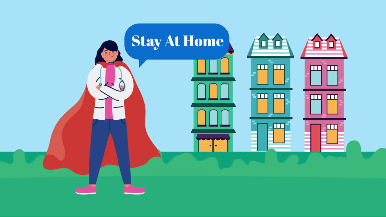 doctora con capa de héroe y edificios