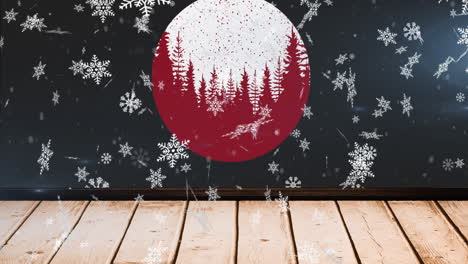 animation of snow falling over bauble on black background