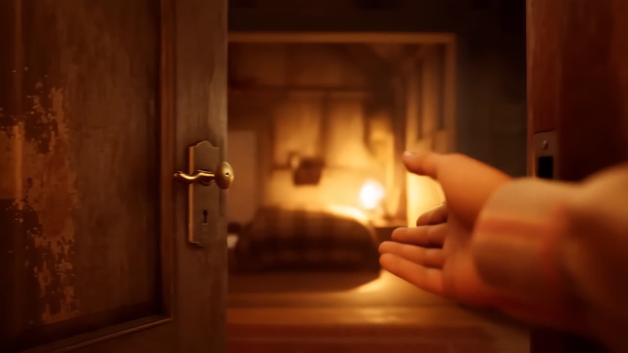 Hand Unlocking and Opening an Old Wooden Door