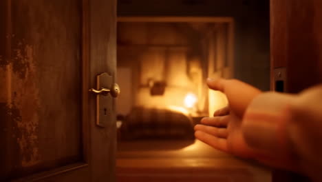 hand unlocking and opening an old wooden door