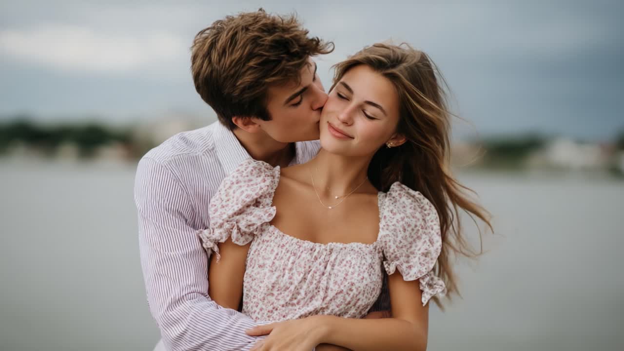 A Romantic Moment Captured: A Young Couple Embracing by the Water, Lost in Their Love, with Soft Waves and an Overcast Sky Setting the Perfect Scene