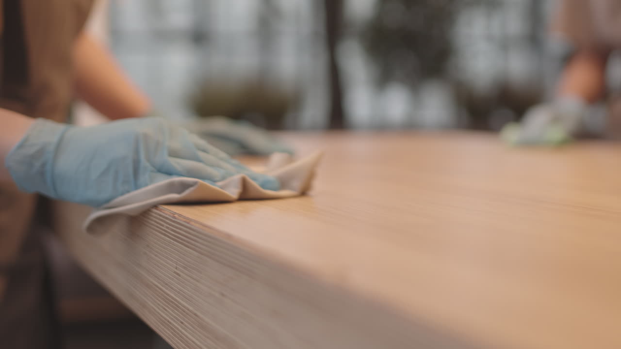 Hands in Gloves Wiping Table