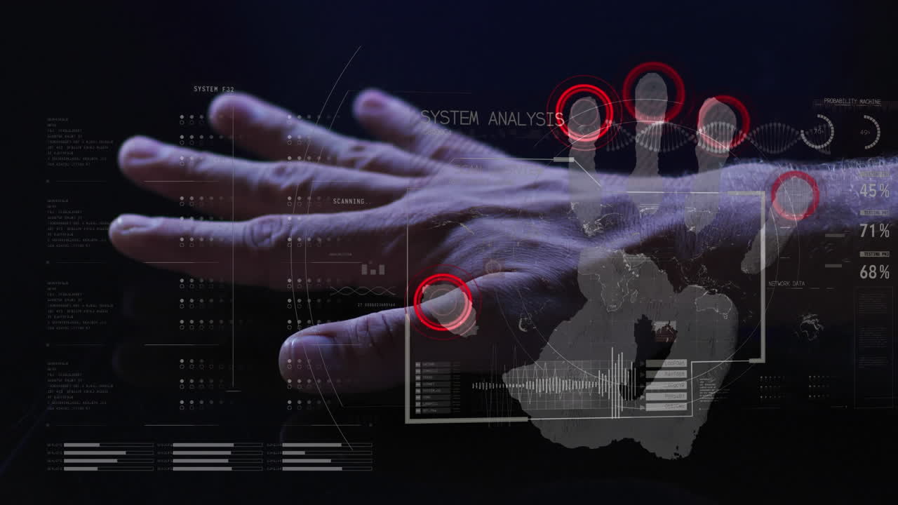 animación del procesamiento de datos y lectura biométrica de la mano.