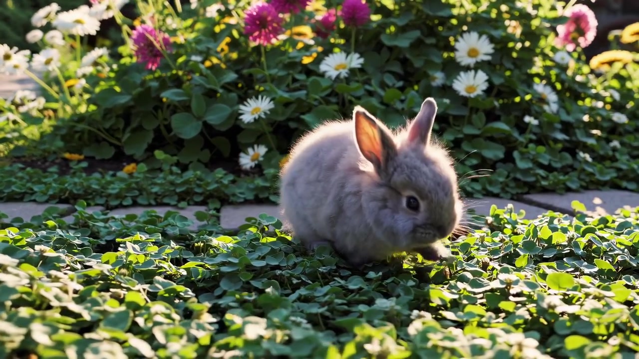 Piccolo coniglio soffice che mangia trifoglio in un giardino soleggiato