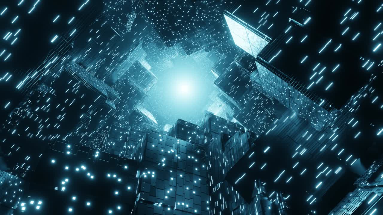 Abstract creative sci-fi background. 4K seamless loop flying through rotation building animation. Futuristic technology background.