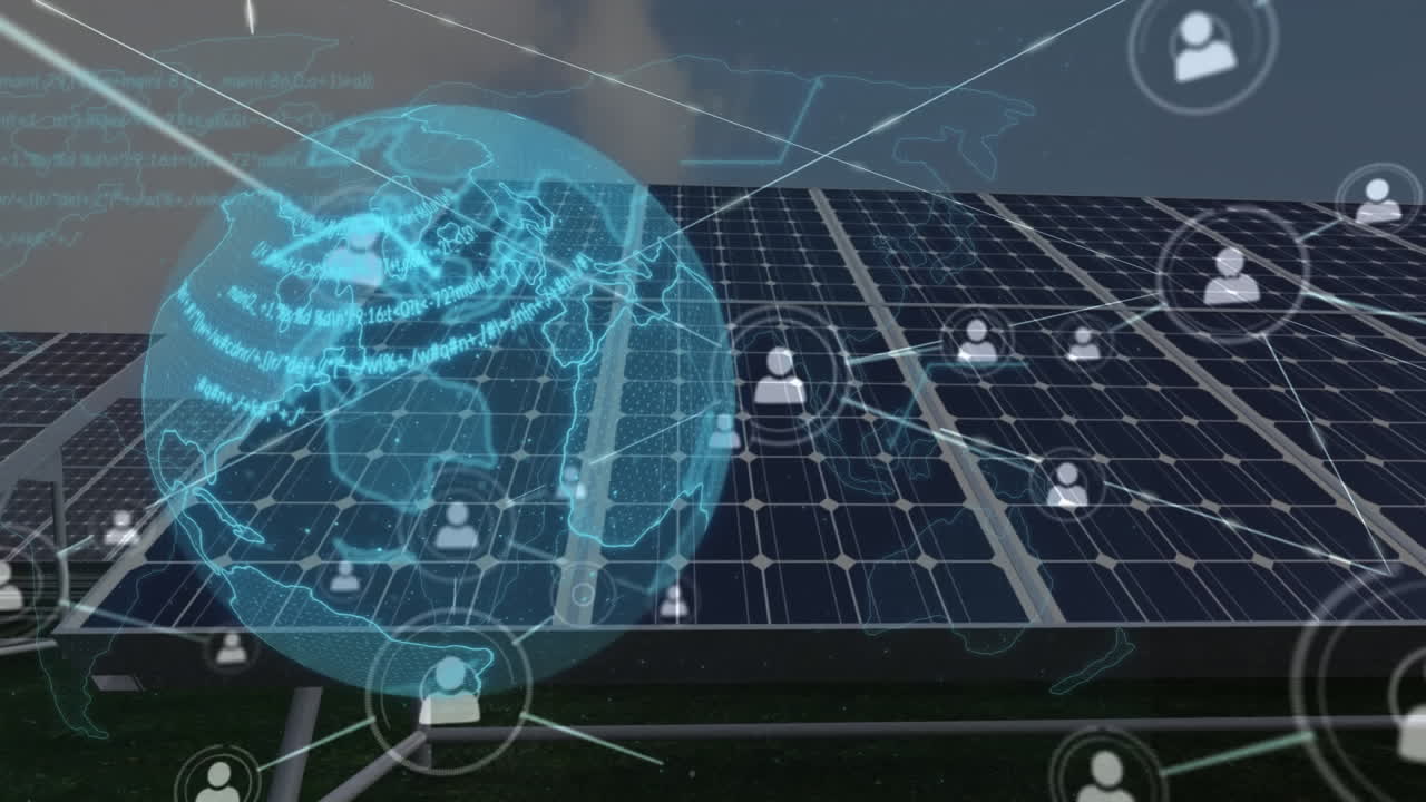 태양 전지판 위에 네트워크 및 사람 아이콘과 함께 지구의 애니메이션