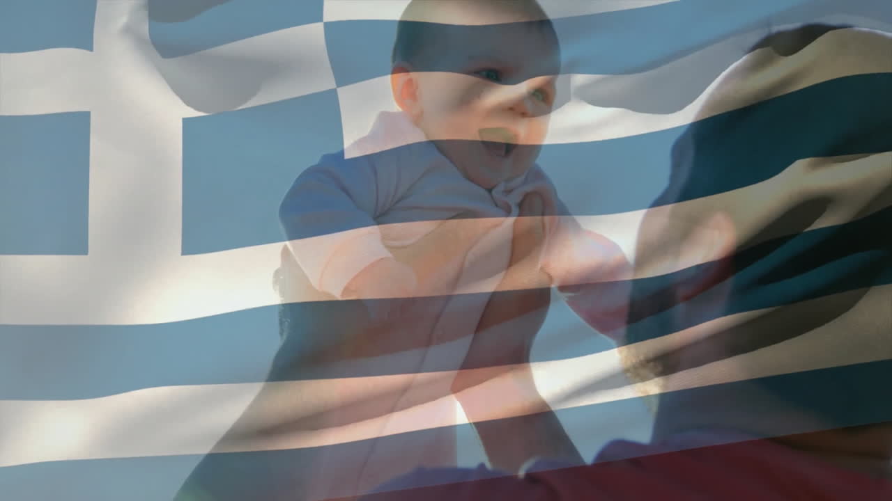 Lifting child joyfully with Greek flag and animation in background