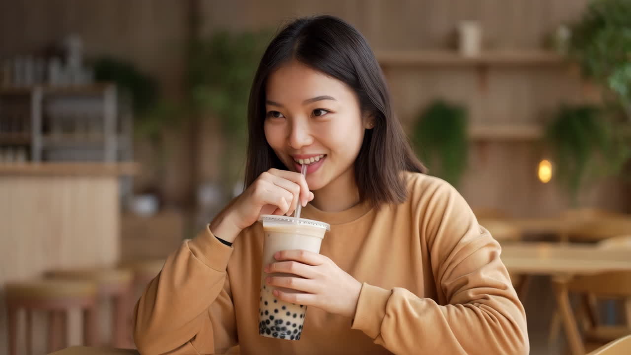 Young Woman Enjoying Bubble Tea in a Cafe