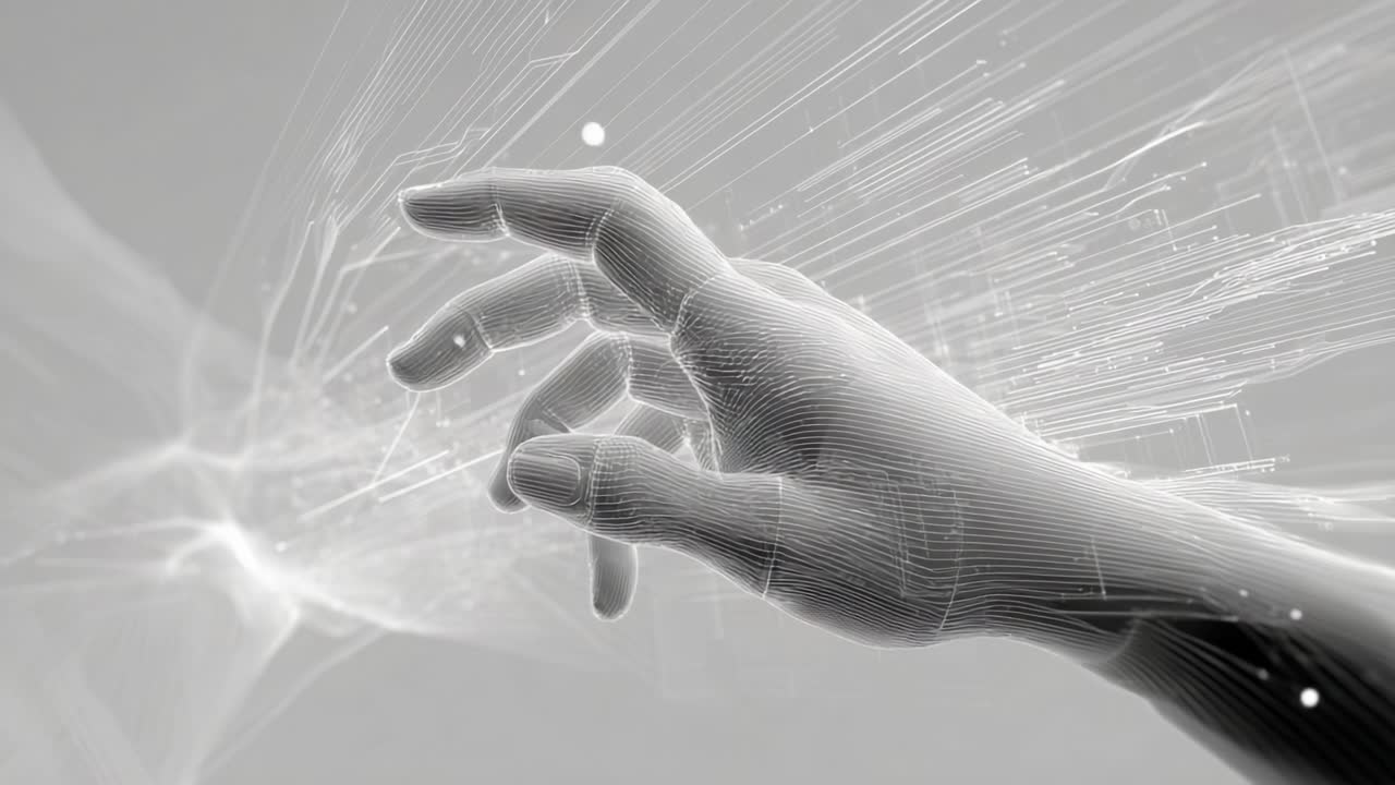 A close-up view of a digital hand reaching out, seamlessly blending with flowing lines of data, symbolizing the intersection of technology and human interaction, and the concept of connectivity in a modern world