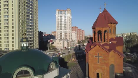 cityscape with church and skyscrapers