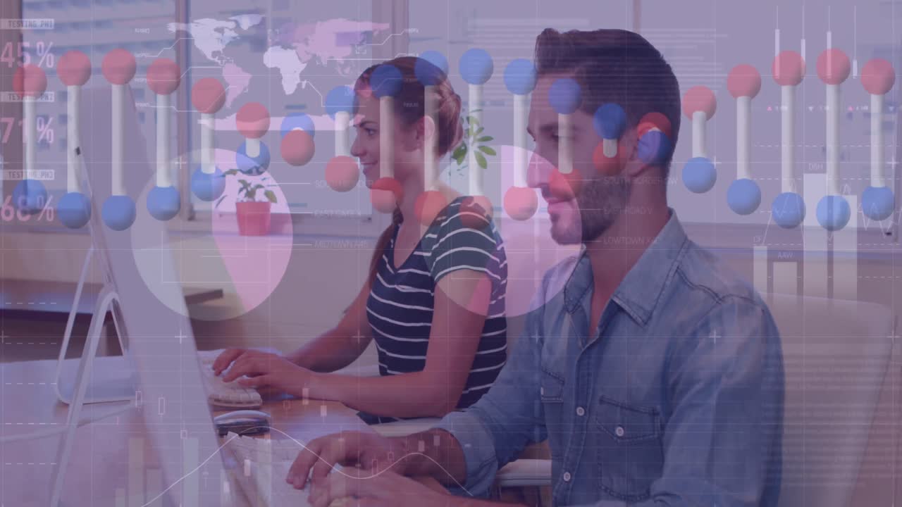 animación de cadenas de adn y estadísticas, procesamiento de datos sobre personas de negocios utilizando computadora