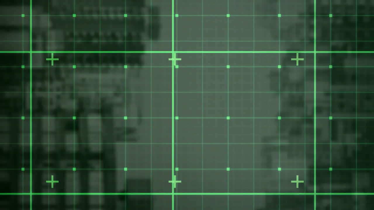 녹색 격자 및 크로스 헤어 애니메이션을 흐릿한 도시 풍경 배경에