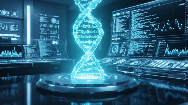 Futuristic Laboratory Displaying Advanced Data Analysis with Holographic DNA Structure and Interactive Graphs on Sleek Transparent Screens