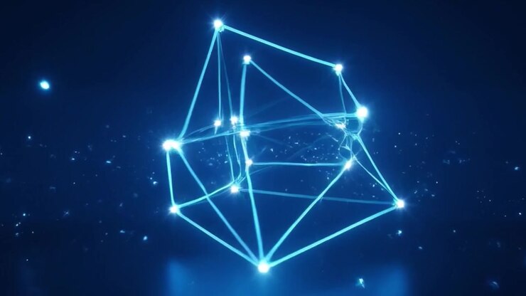 Rete geometrica blu luminosa che si forma e si dissolve nello spazio oscuro