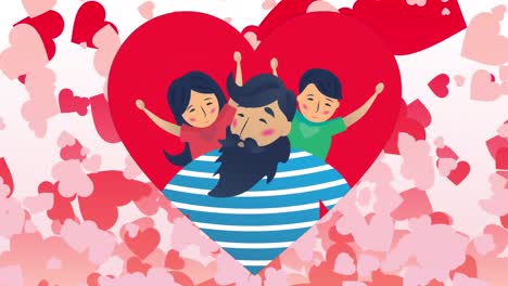 animation of family icon with man and children and hearts on white background