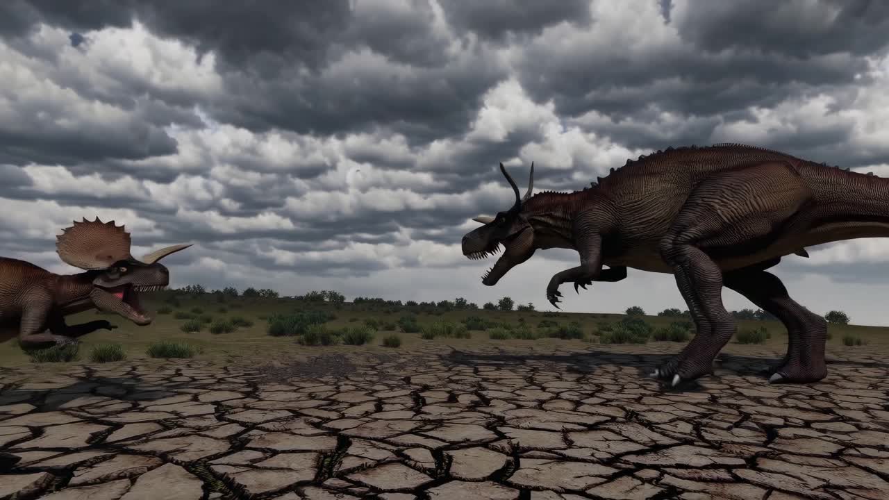 Dinosaur Triceratops Confrontation in a Dry Landscape