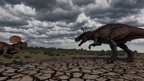 dinosaur triceratops confrontation in a dry landscape