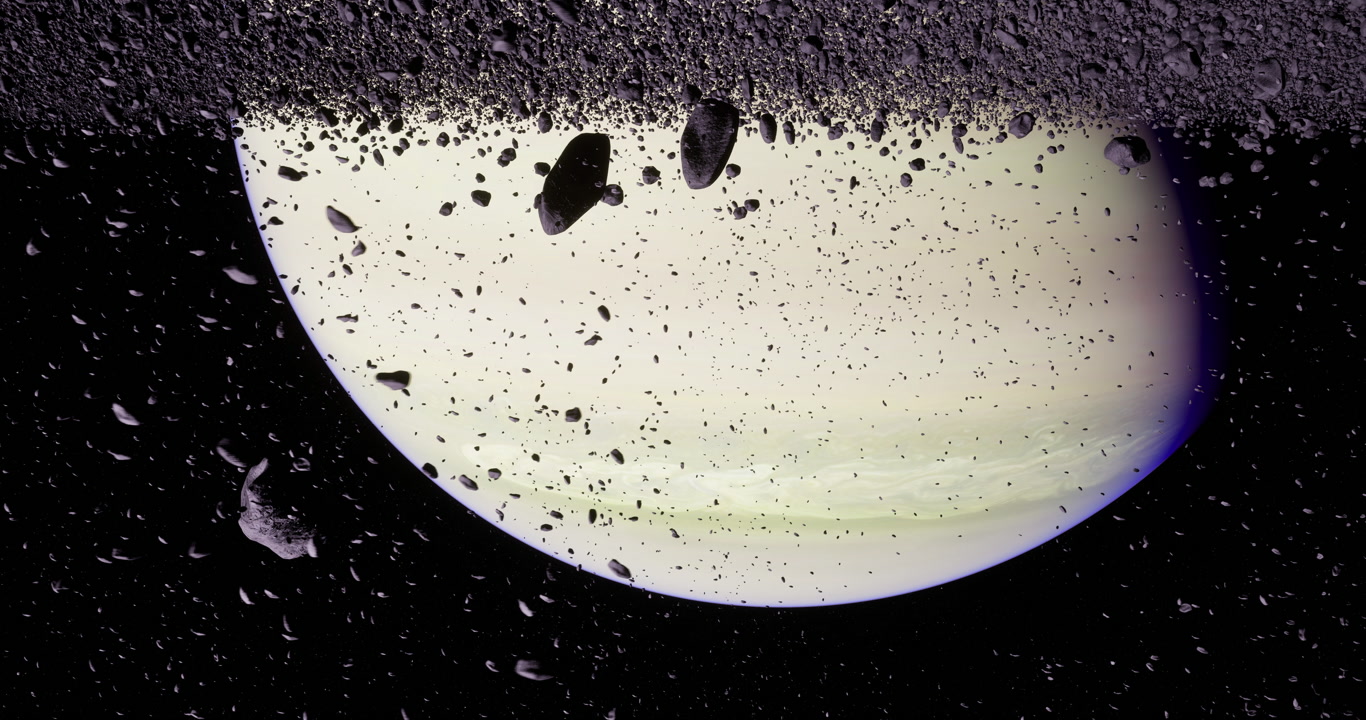 Exploring the asteroid belt with a distant planet in the background