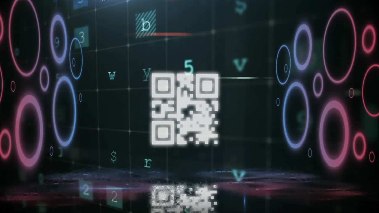 QR code scanner with neon elements against cyber security data processing