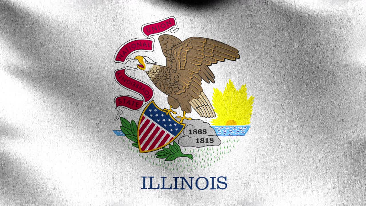 bucle sin costura 4k vdo. bandera del estado de illinois en los estados unidos de américa, estados unidos, soplando en el viento aislado. diseño abstracto patriótico oficial. ilustración de renderización 3d del símbolo de señal ondulante.