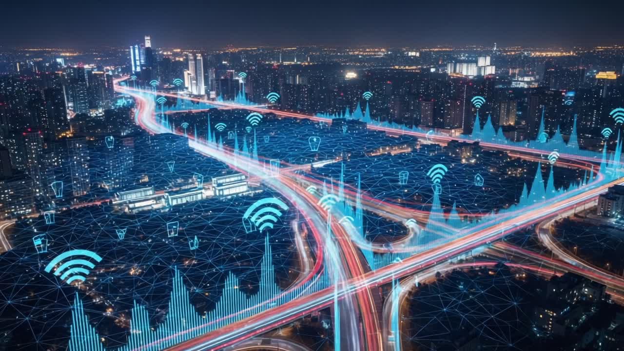 Aerial View of a Vibrant Cityscape at Night with Overlaid Data Visualization Representing Connectivity and Urban Transport Networks