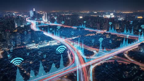 aerial view of a vibrant cityscape at night with overlaid data visualization representing connectivity and urban transport networks