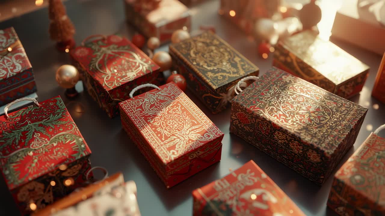 Moving camera dollying from overhead and shifting focus on desk near window, with ornate gift boxes