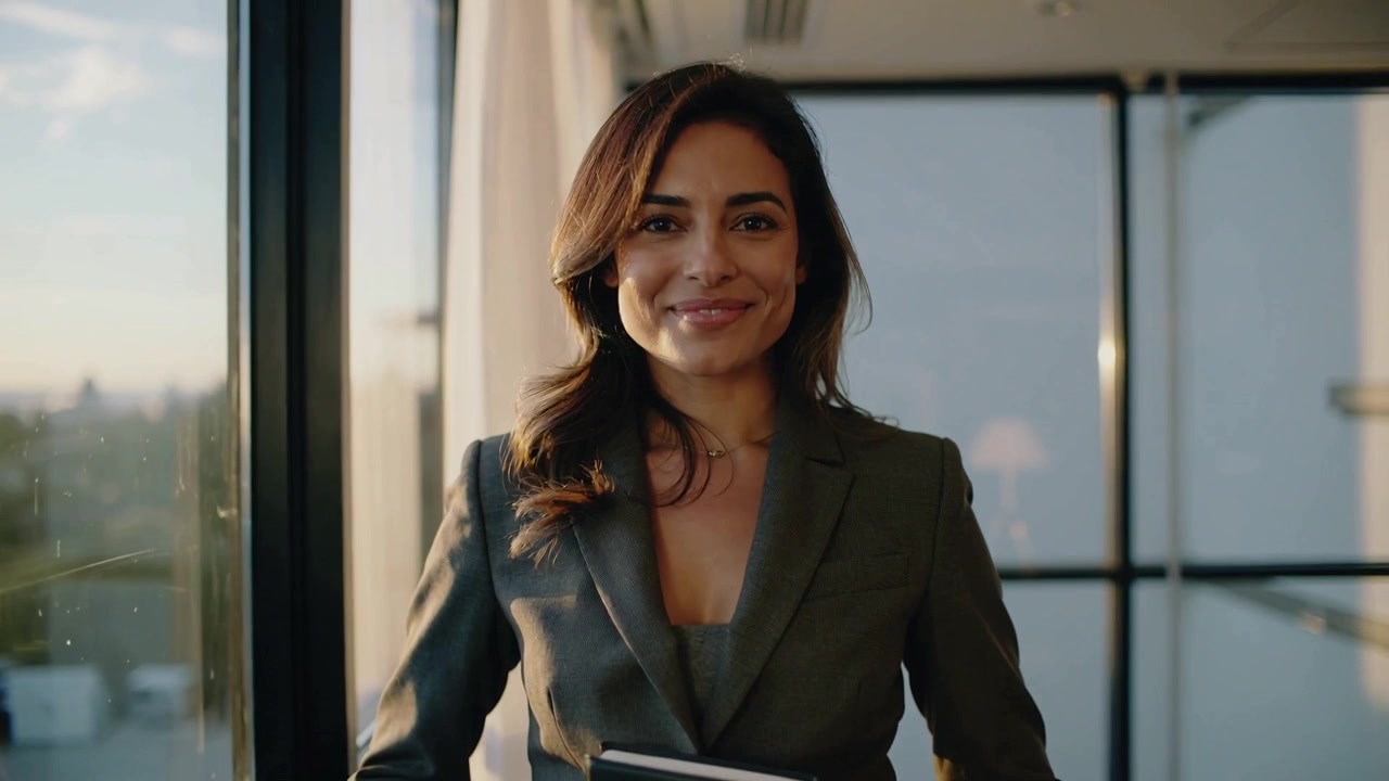 Após uma pausa, executivo de blazer com notebook virando e encontrando o olhar na janela do escritório, mostrando confiança.