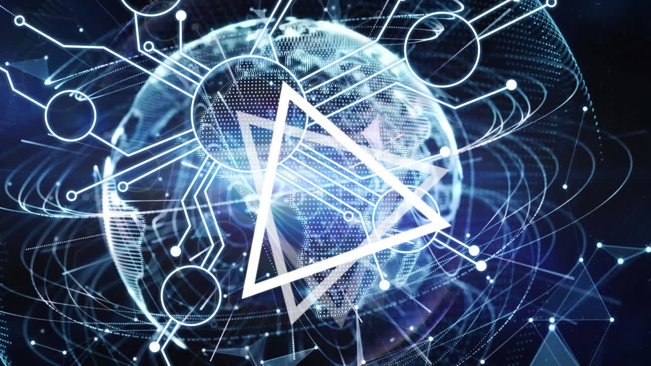 animación de la red de conexiones con globo y triángulos giratorios sobre fondo azul