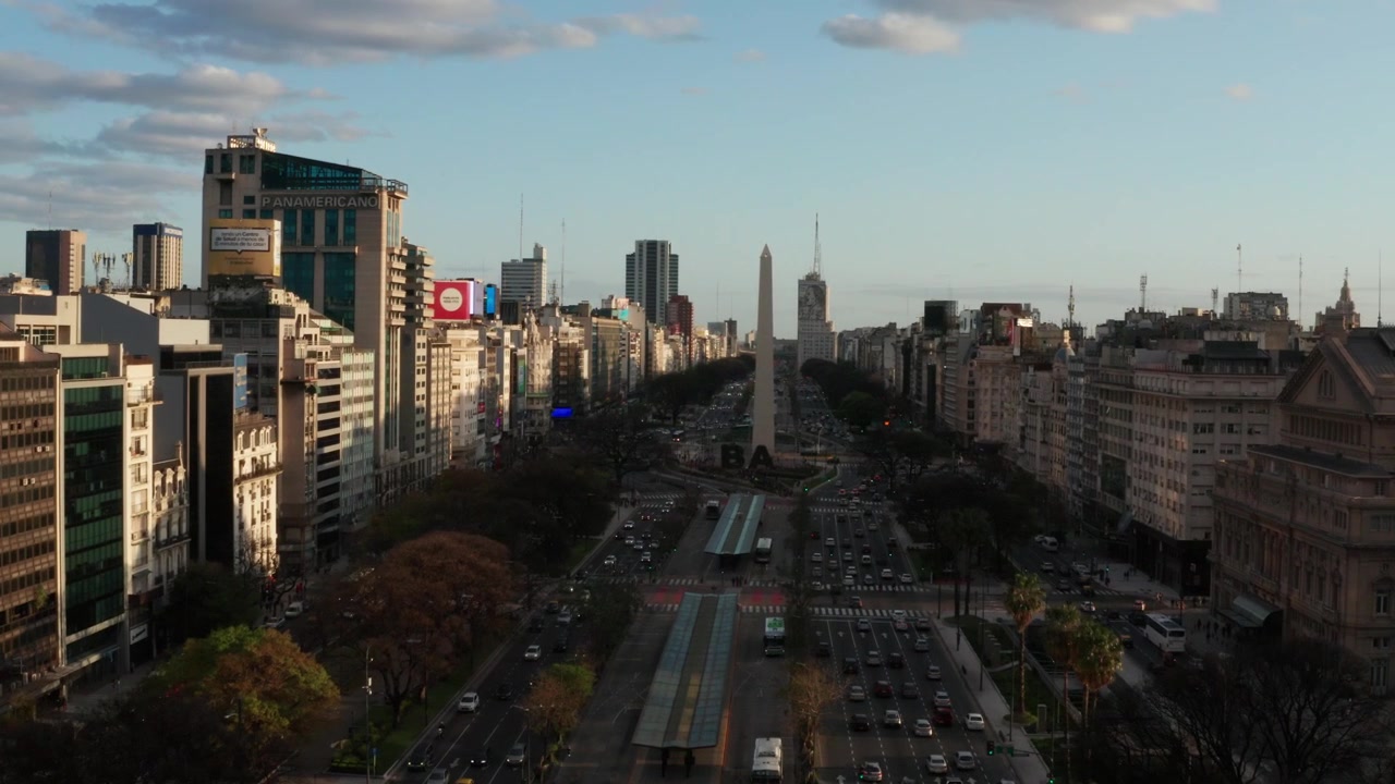 Aerial view of 9 de Julio Avenue in the City of Buenos Aires, Argentina. Slow motion of drone forward. In the distance is the Obelisk