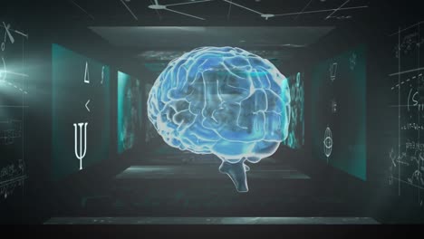 animación del cerebro humano girando con el procesamiento de datos digitales en pantallas