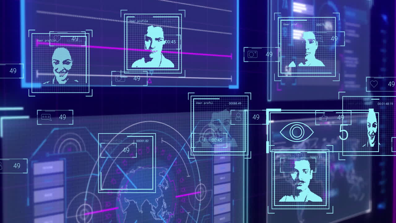 Animation of facial recognition and data analysis on digital interface background