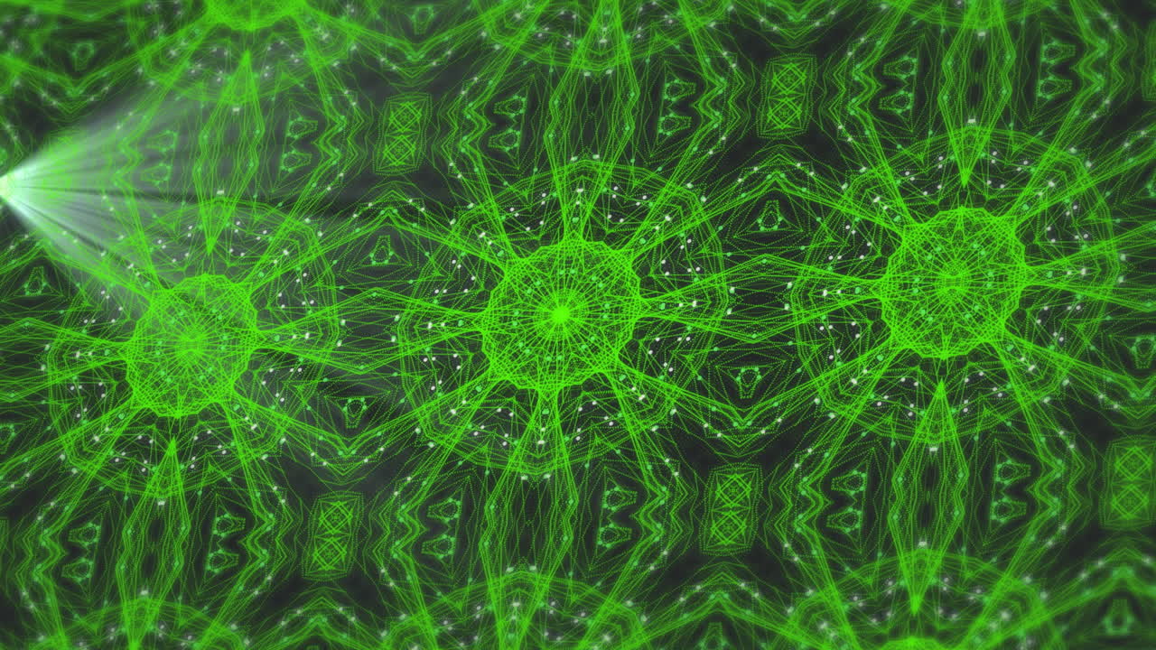 Animation of glowing green kaleidoscope shapes moving over black background