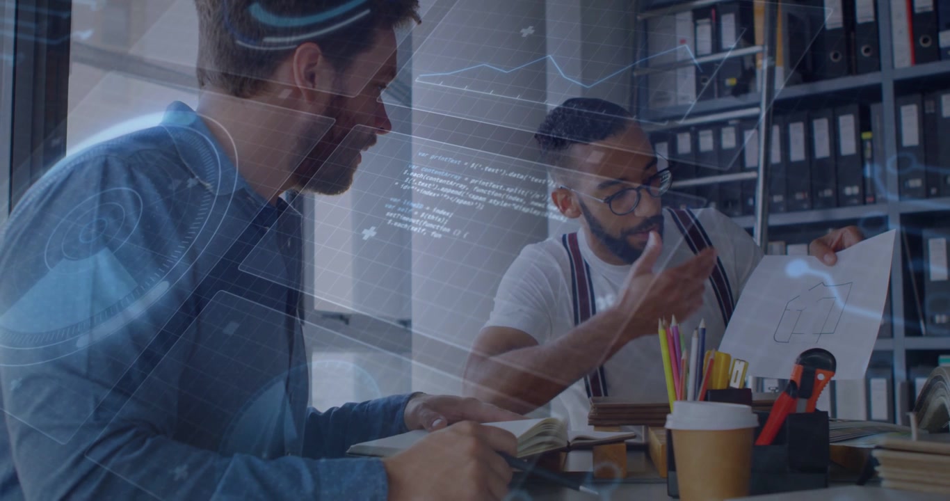 Right man turning sketch toward left peer, taking notes for design while digital UI marking details