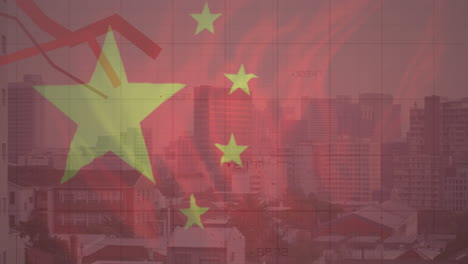 animation of flag of china and financial data processing over cityscape