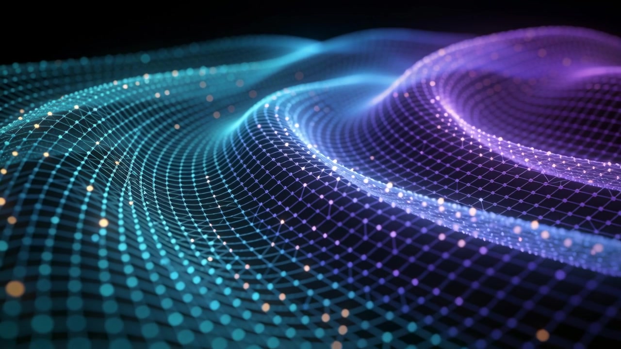 Starting teal grid rising, luminous mesh undulating in dark void, showing nodes and color shift