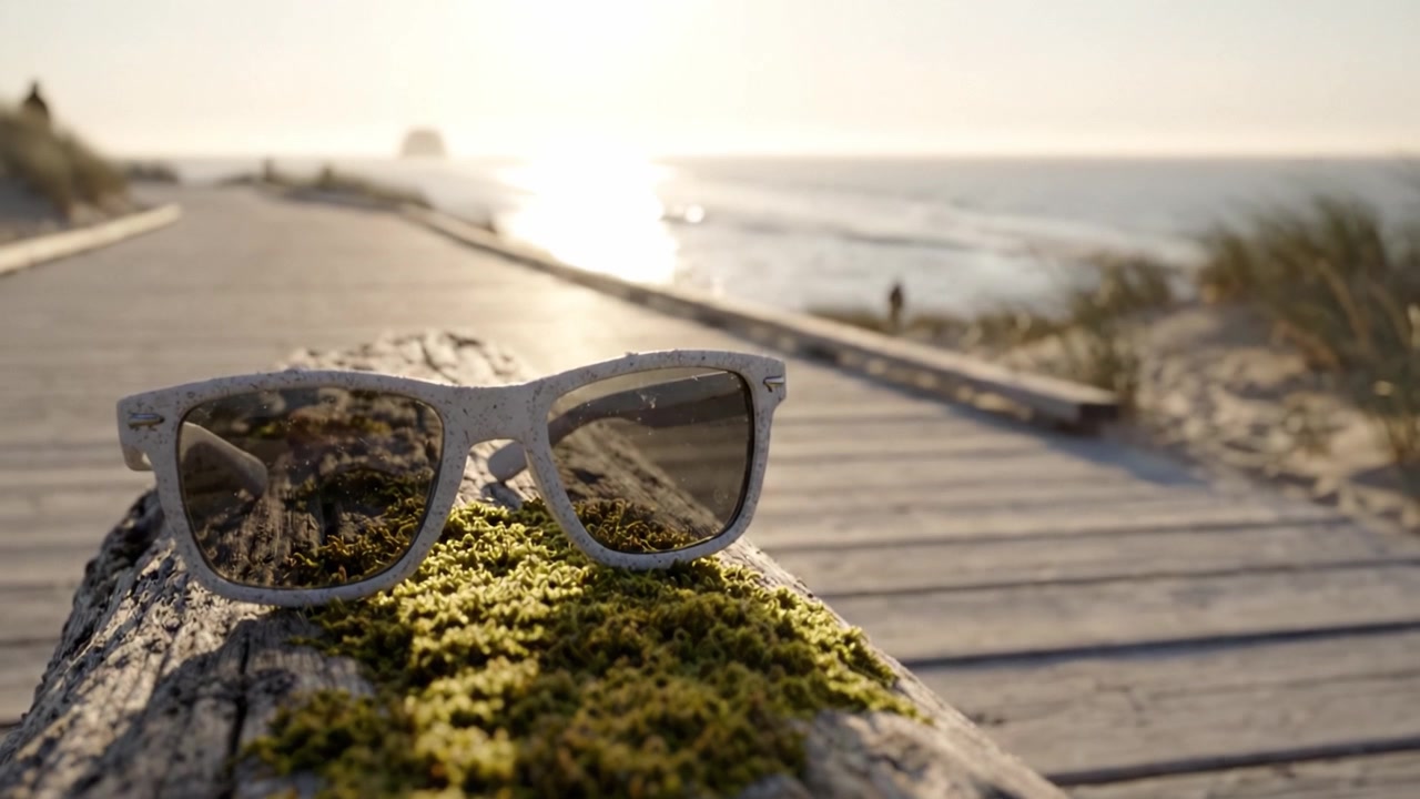 Snygga solglasögon vilar på en mossig stock längs en naturskön strandstig med solbelyst havsutsikt i bakgrunden, vilket skapar en perfekt sommarkänsla och avkopplande atmosfär.