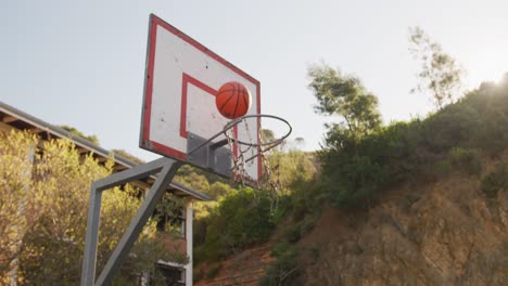 basketball falling into a basket on a sunny day