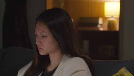 woman spending evening at home sitting on sofa with laptop computer looking at social media streaming or scrolling online 3