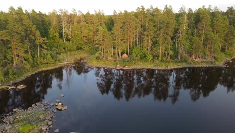 Imágenes-De-Drones-De-Un-Lago-De-Bosque-Profundo-En-El-Sur-De-Suecia-A-La-Luz-De-La-Hora-Dorada