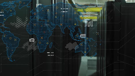 global network connections and data processing animation over server racks in data center