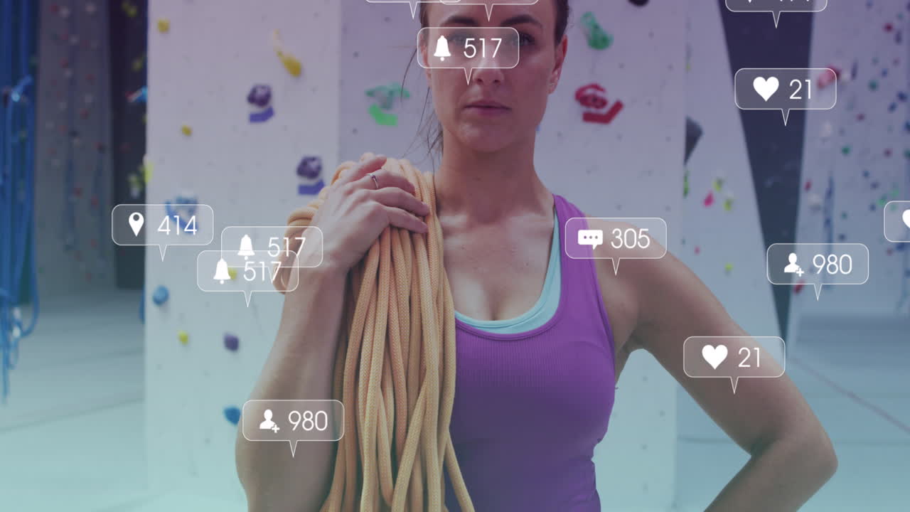 анимация медиа-икон над кавказской женщиной с линией на лестничной стене